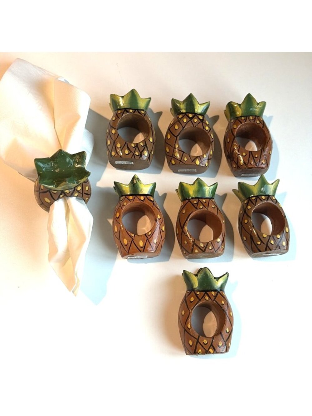 8 Vintage Wooden Painted Pineapple Napkin Rings Table Decor Tiki New England